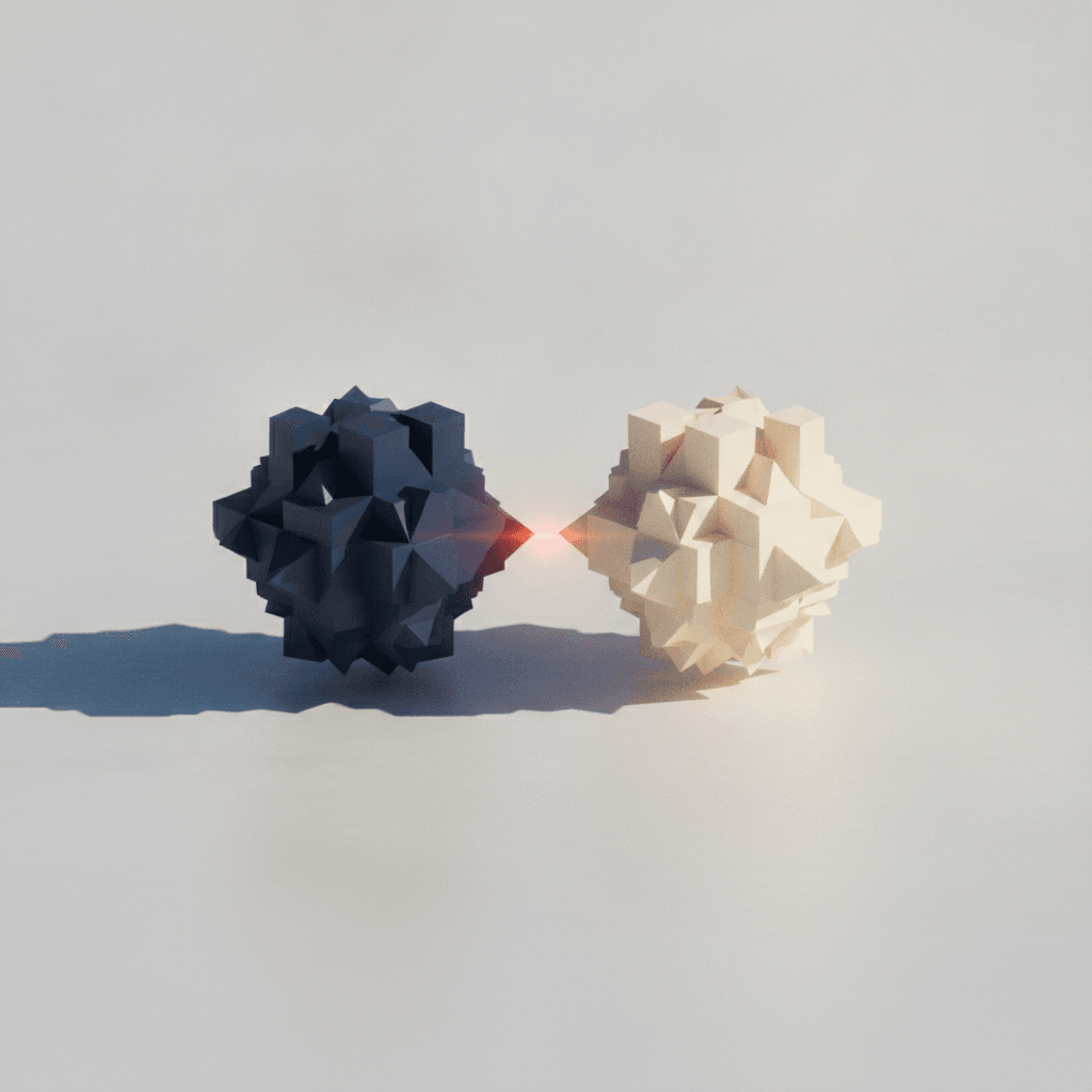 Two mirrored geometric structures representing commercial reality and its digital twin